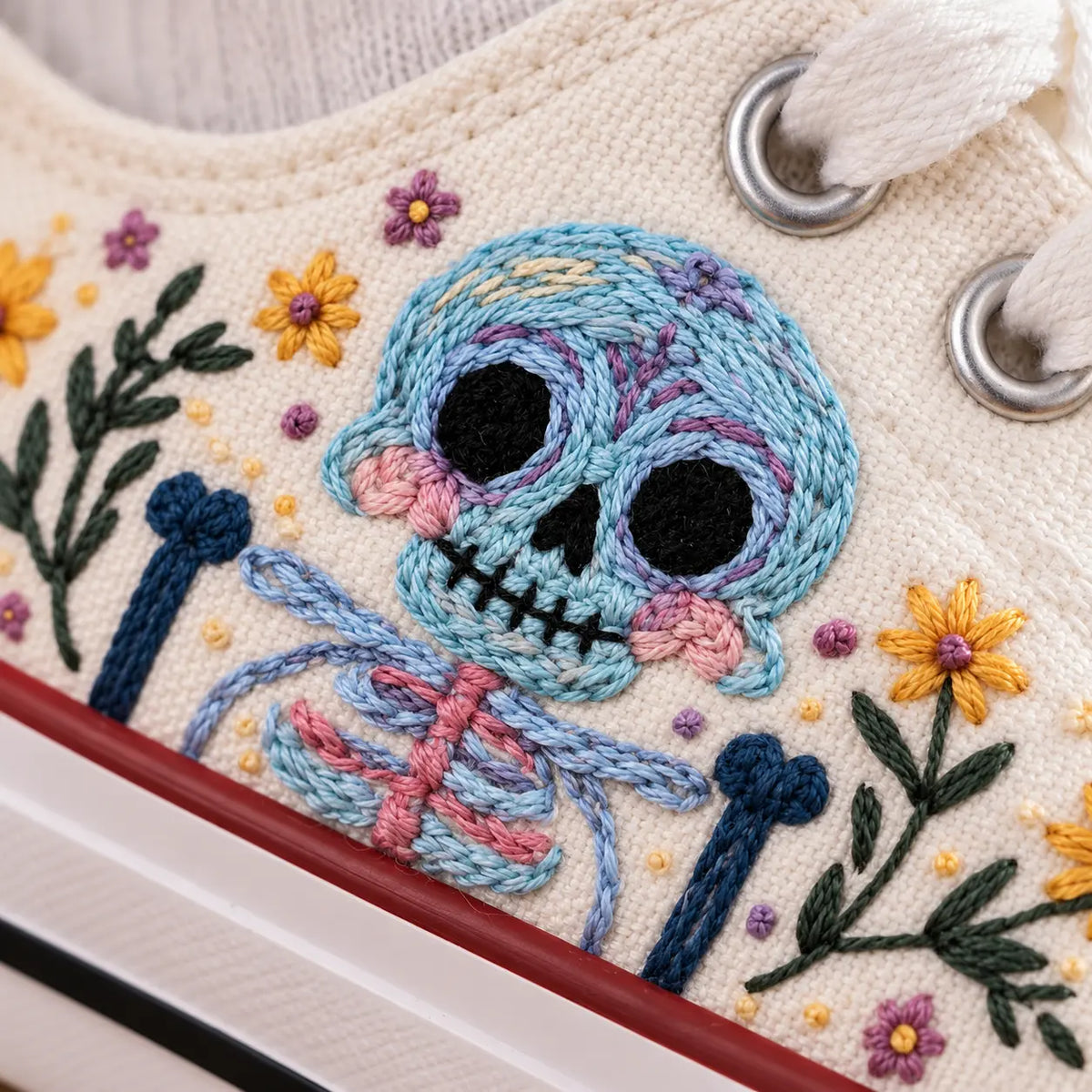 Kids Custom Skeleton Floral Embroidered Shoes