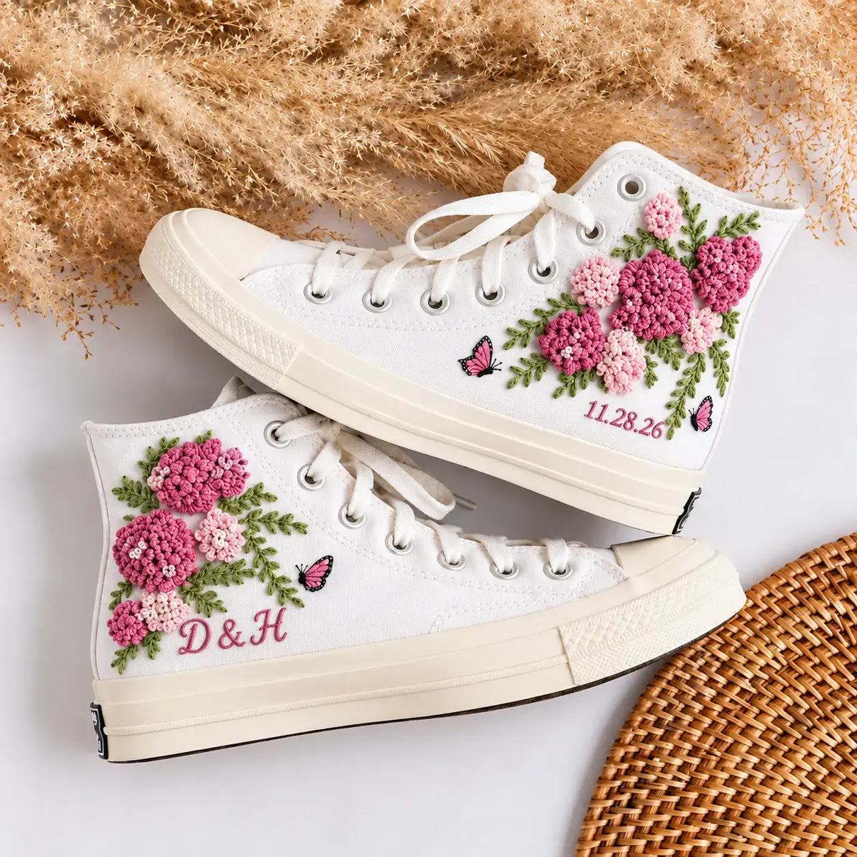 Personalized Name Hydrangea Hand Embroidered Sneakers