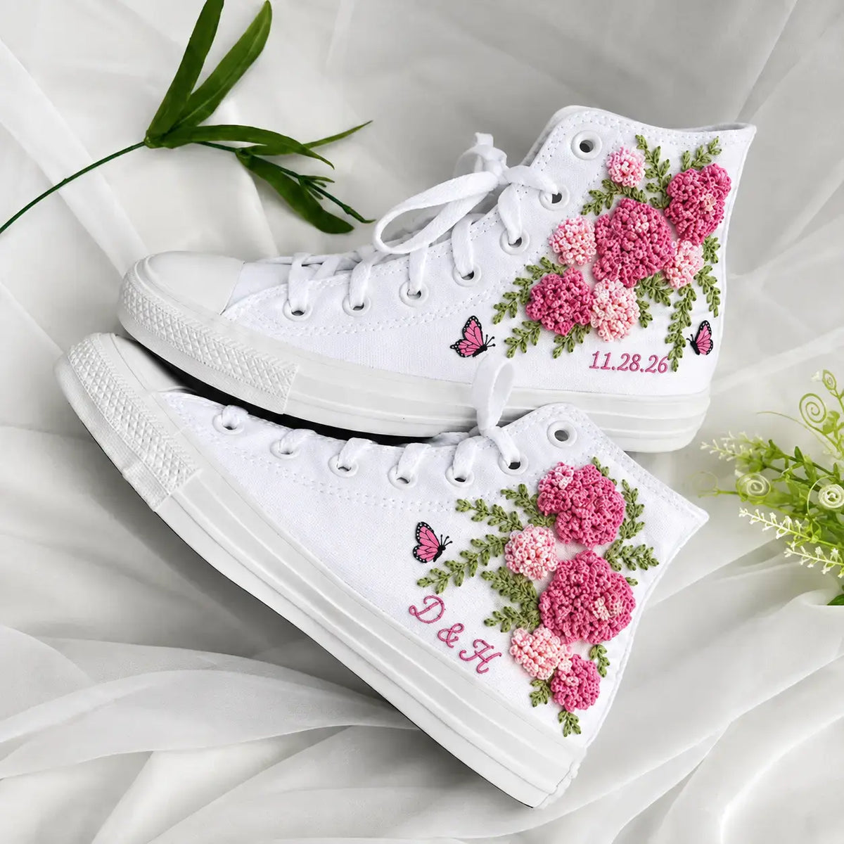 Personalized Name Hydrangea Hand Embroidered Sneakers