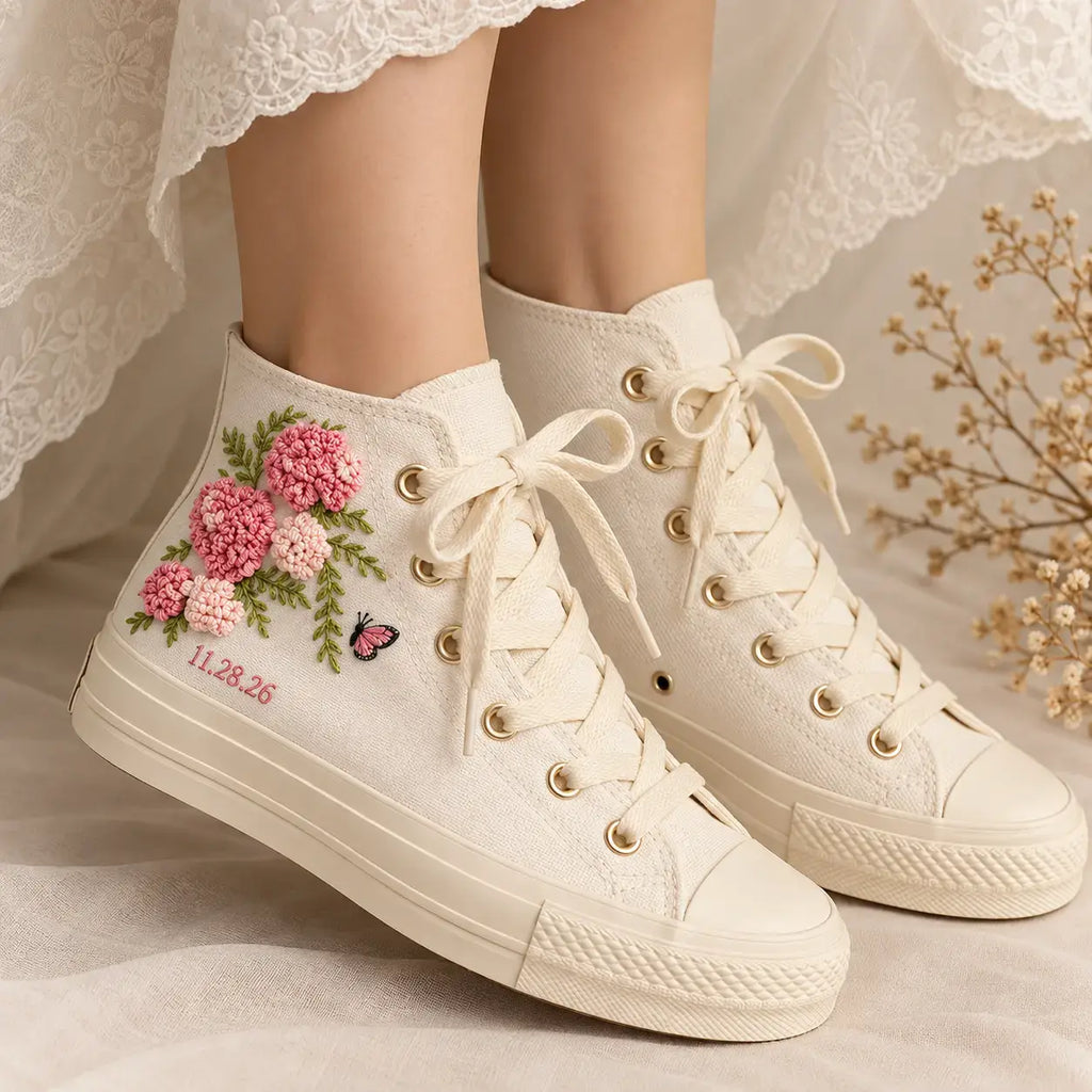 Personalized Name Hydrangea Hand Embroidered Sneakers