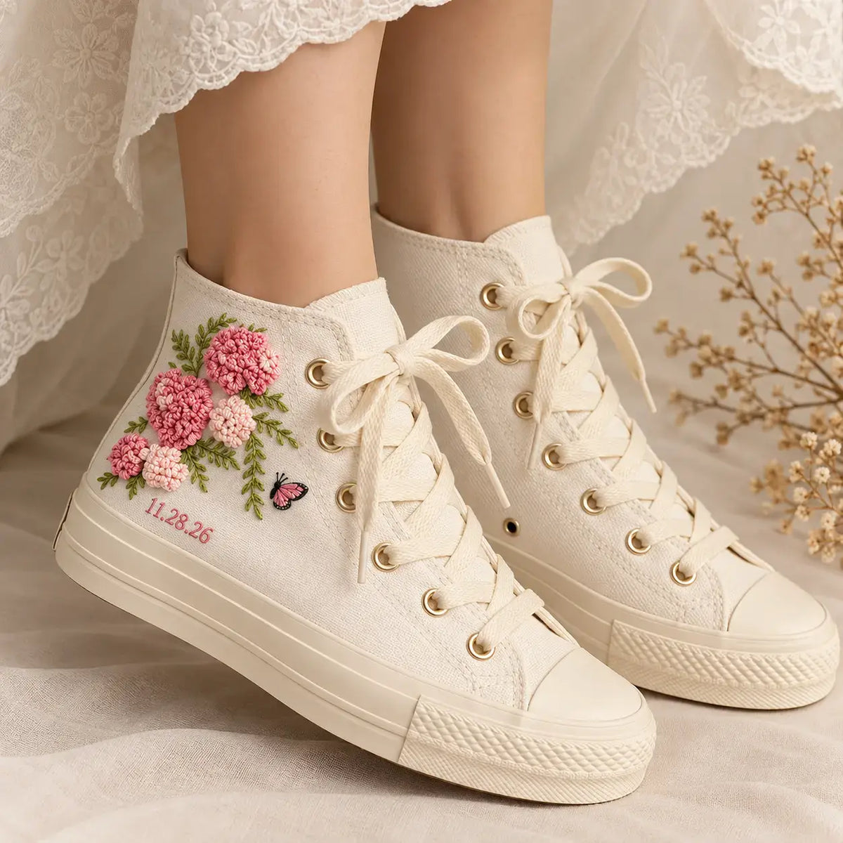 Personalized Name Hydrangea Hand Embroidered Sneakers