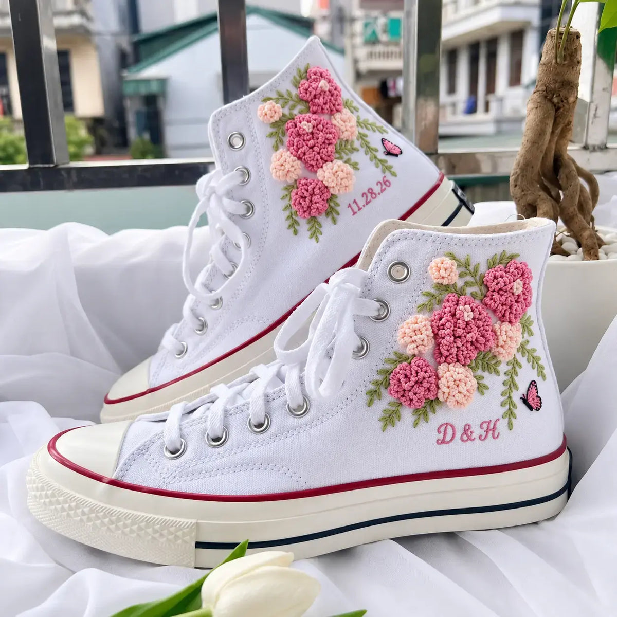 Personalized Name Hydrangea Hand Embroidered Sneakers