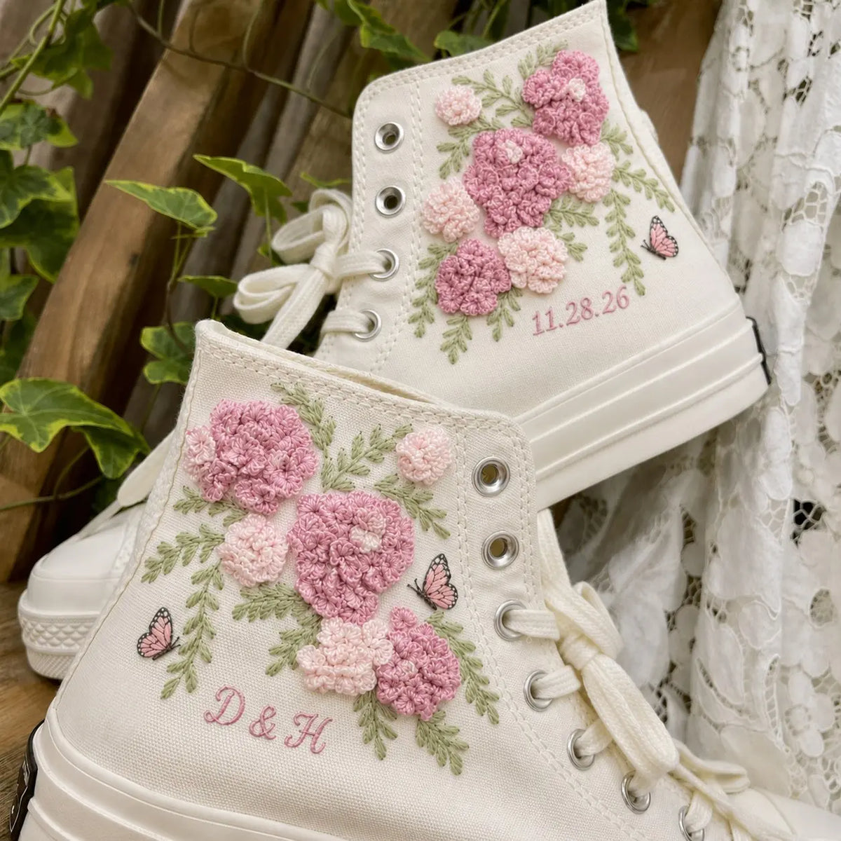Personalized Name Hydrangea Hand Embroidered Sneakers
