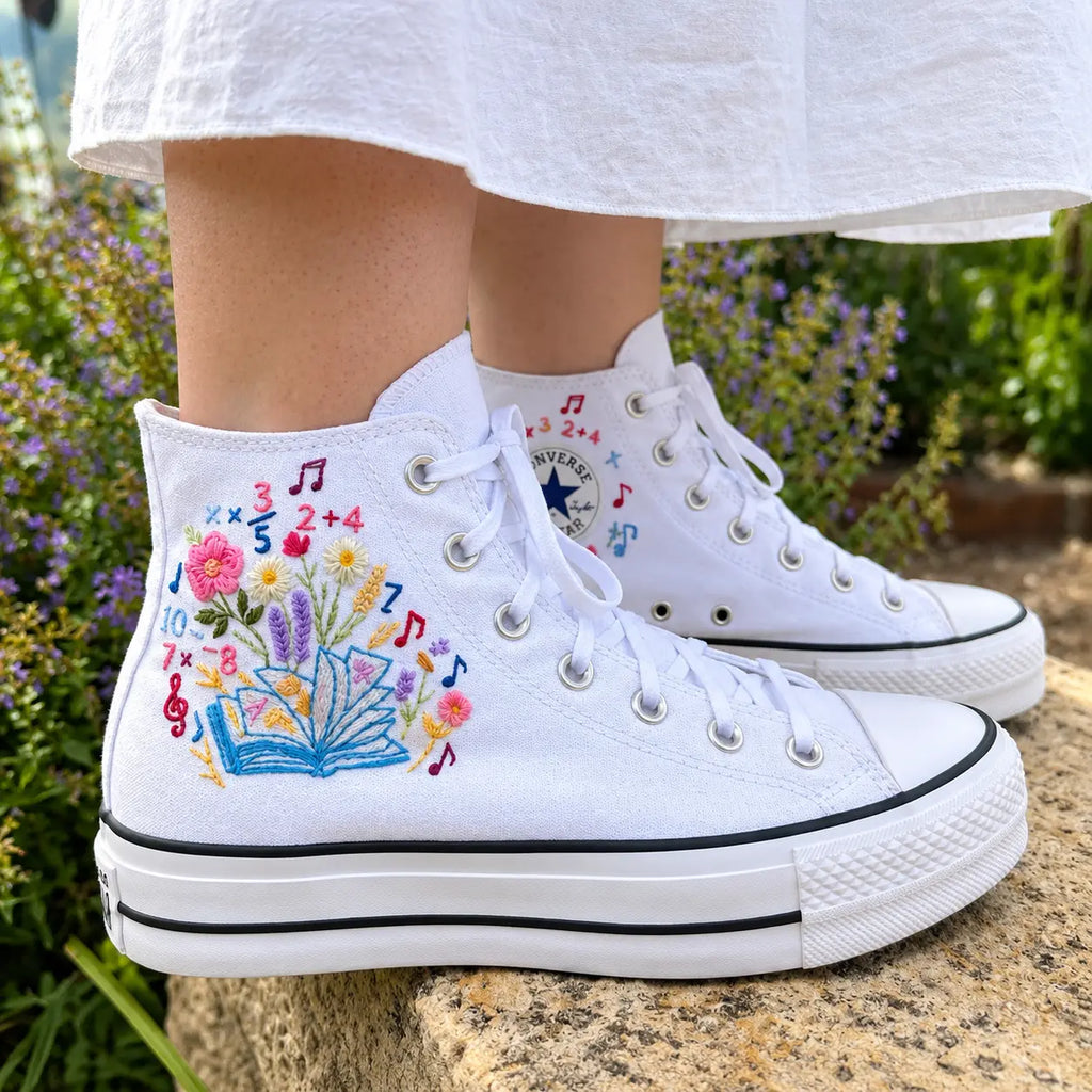 Personalized Book & Floral Hand Embroidered Sneakers
