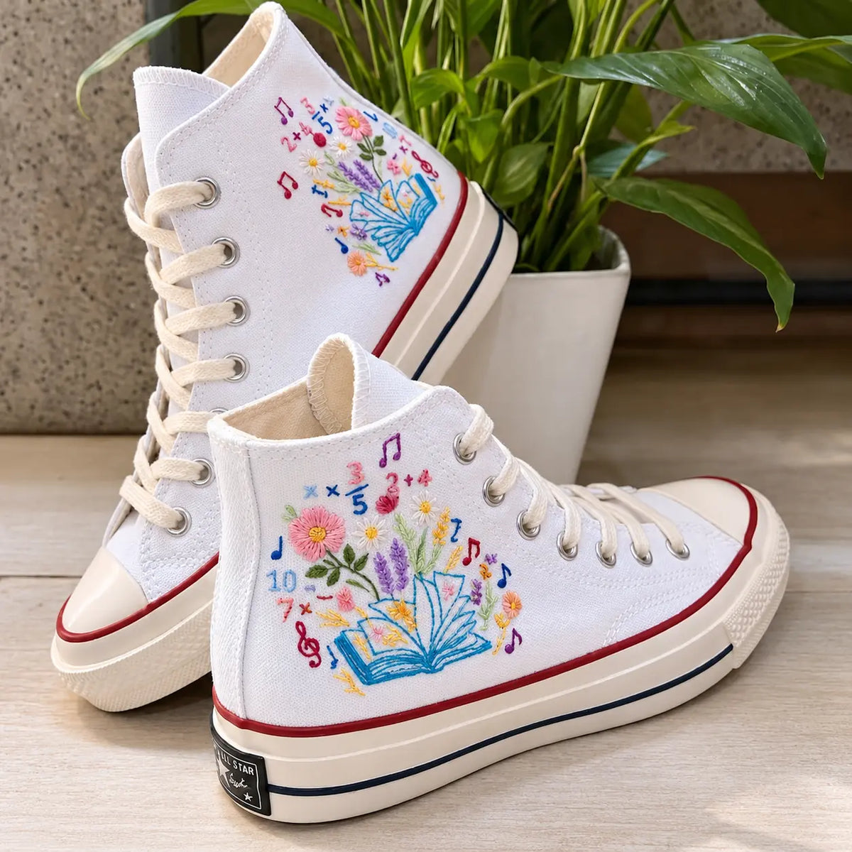 Personalized Book & Floral Hand Embroidered Sneakers