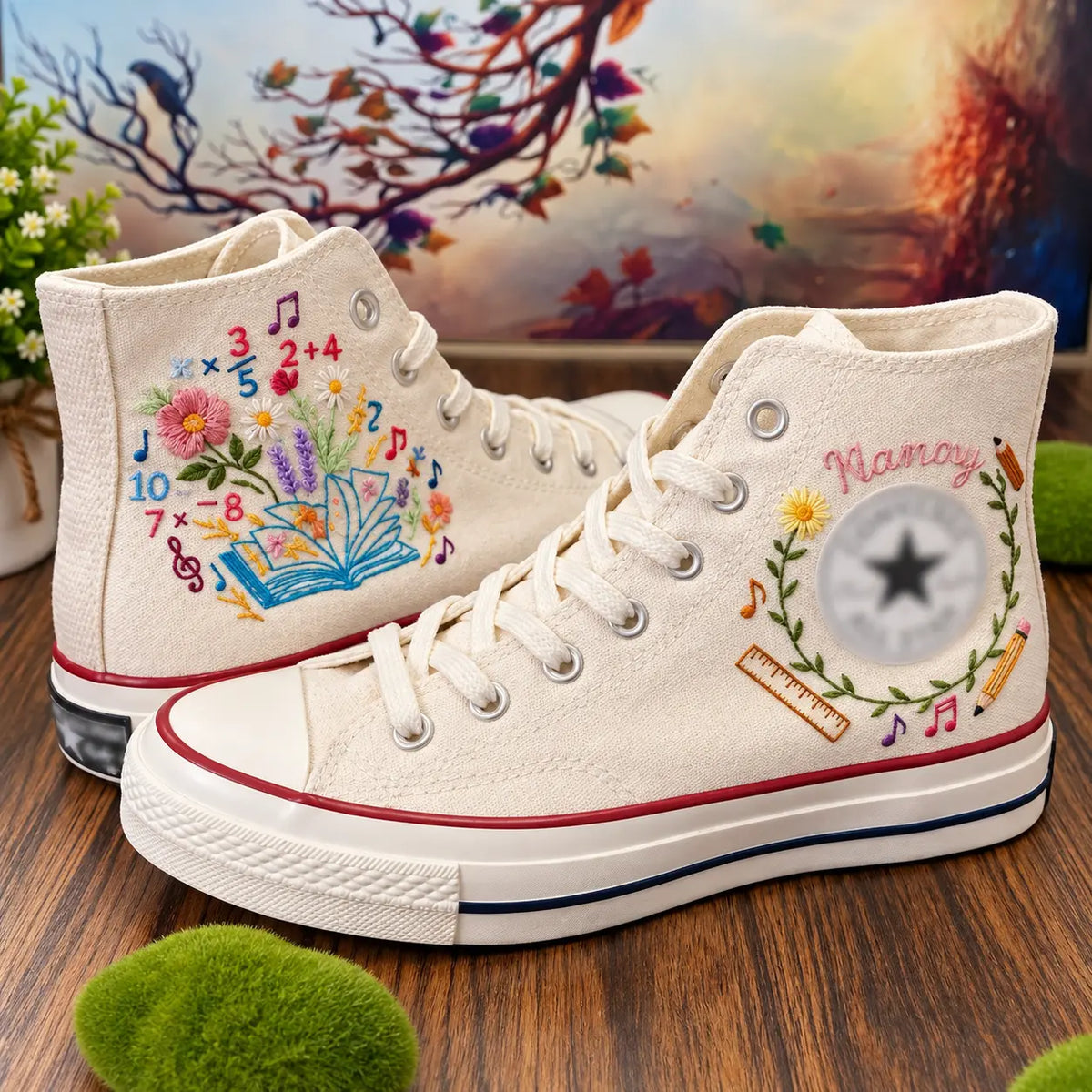 Personalized Book & Floral Hand Embroidered Sneakers