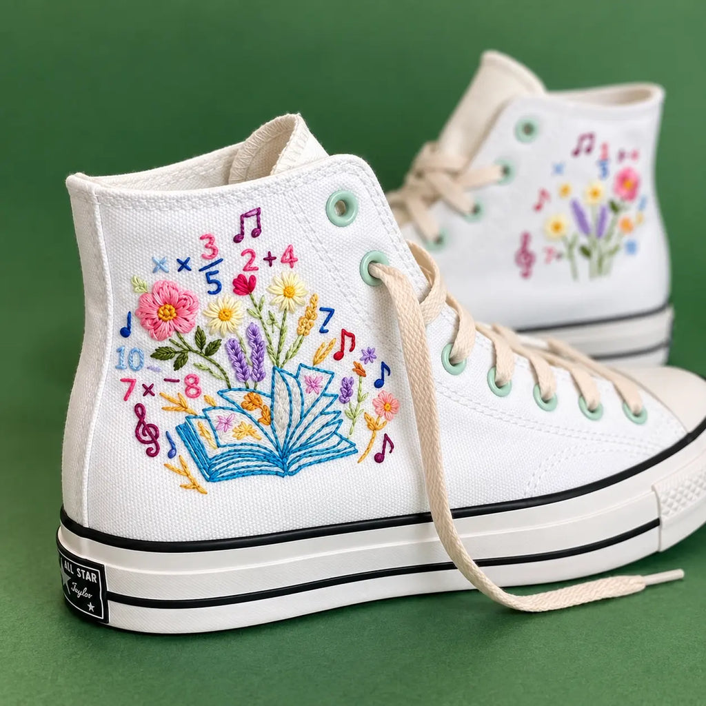 Personalized Book & Floral Hand Embroidered Sneakers