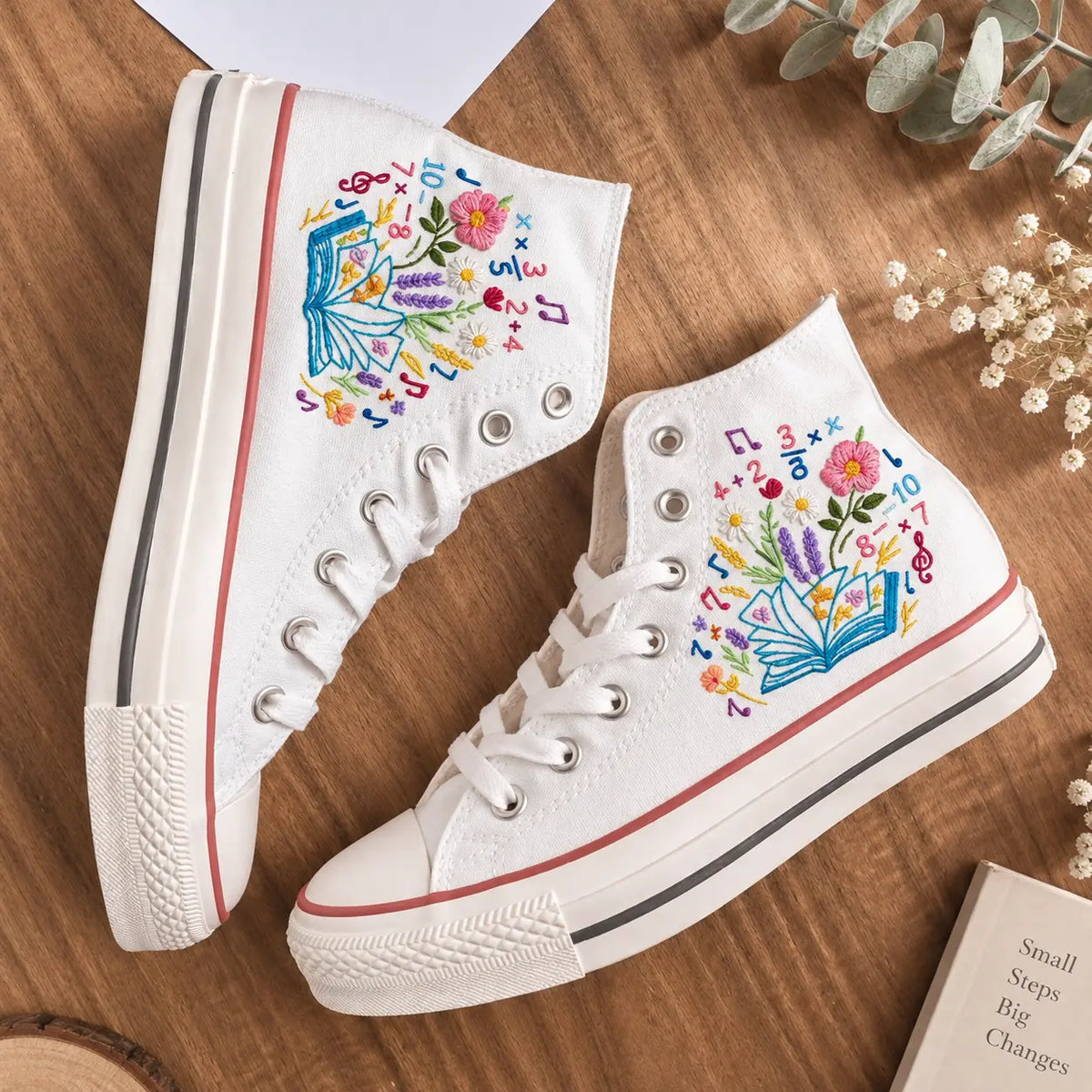 Personalized Book & Floral Hand Embroidered Sneakers