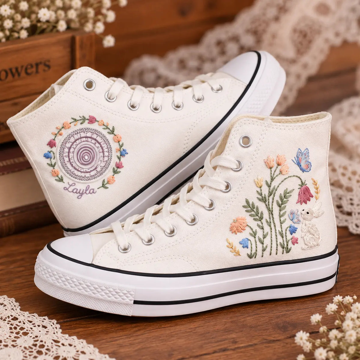 Personalized Bunny Garden Hand Embroidered Sneakers