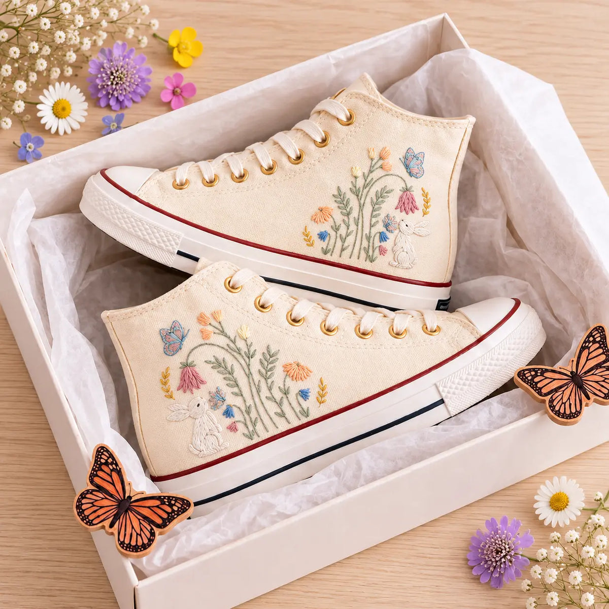 Personalized Bunny Garden Hand Embroidered Sneakers