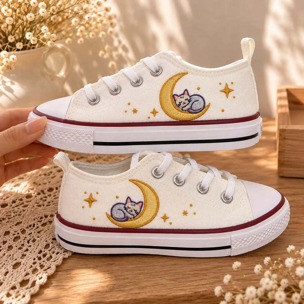 Personalized Cat Moon Embroidered Sneakers