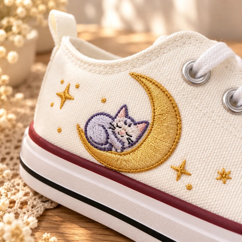 Personalized Cat Moon Embroidered Sneakers