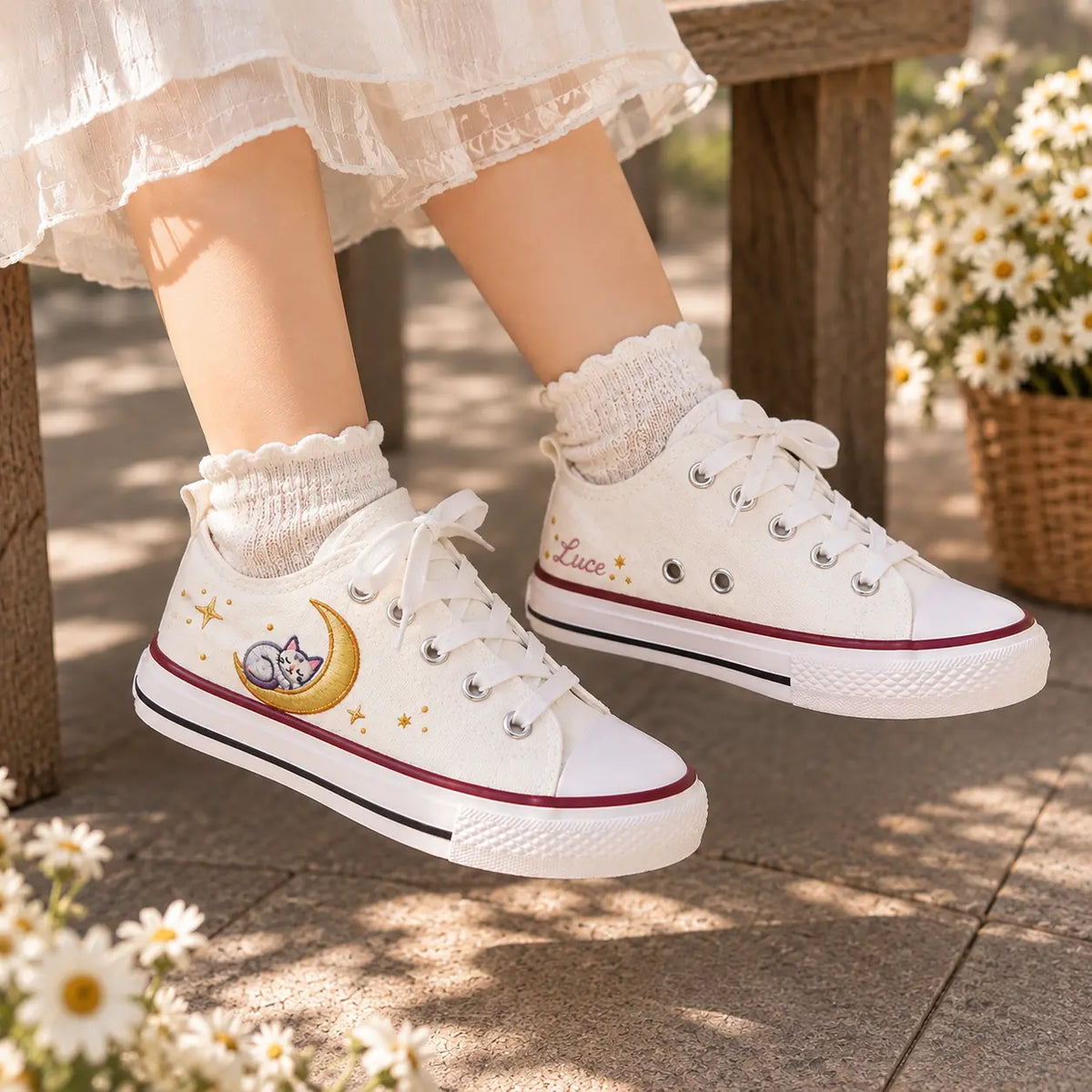 Personalized Cat Moon Embroidered Sneakers
