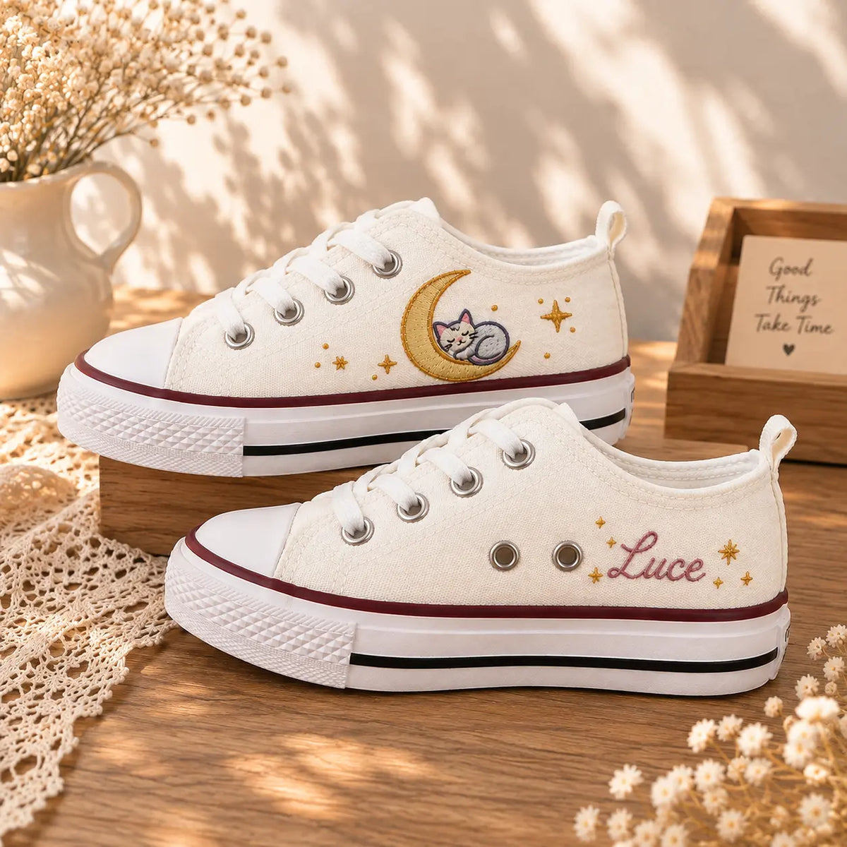 Personalized Cat Moon Embroidered Sneakers