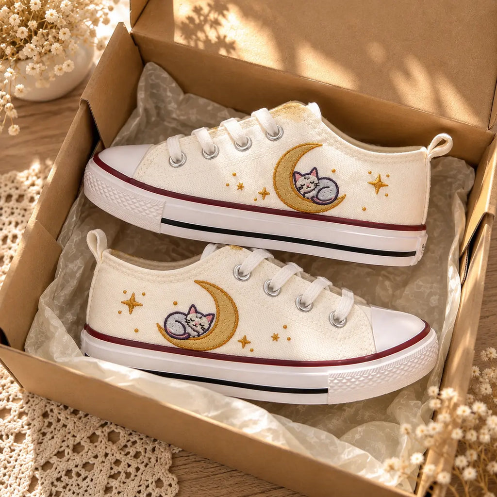 Personalized Cat Moon Embroidered Sneakers