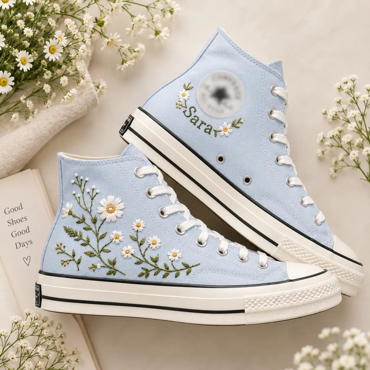 Personalized Daisy Hand Embroidered High Top Sneakers