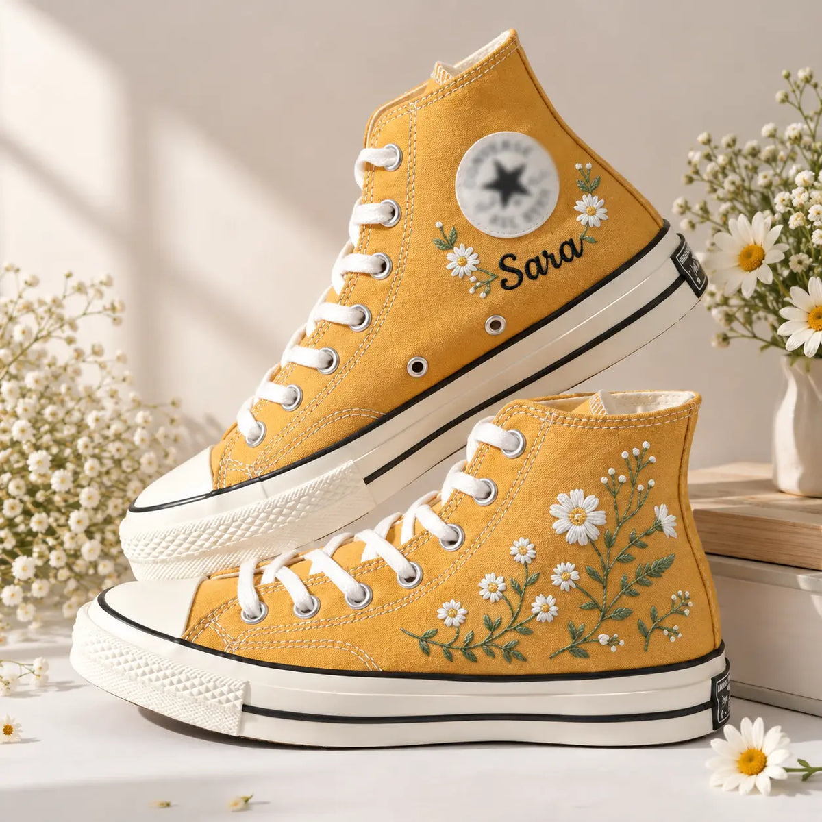 Personalized Daisy Hand Embroidered High Top Sneakers