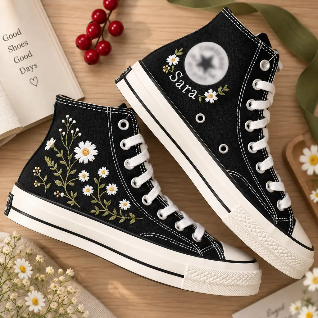 Personalized Daisy Hand Embroidered High Top Sneakers