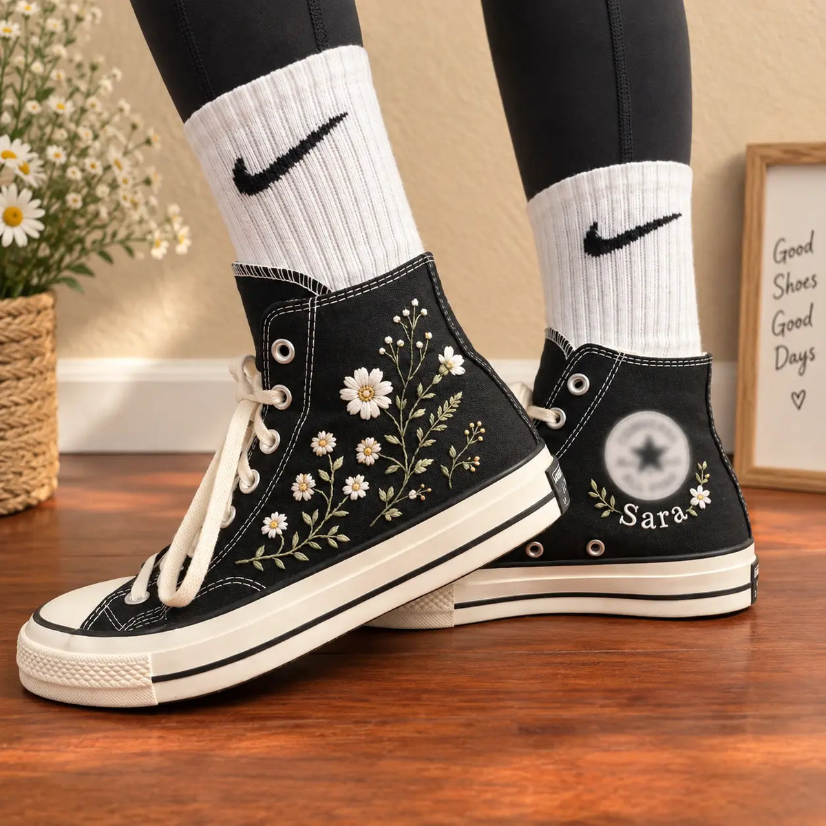Personalized Daisy Hand Embroidered High Top Sneakers