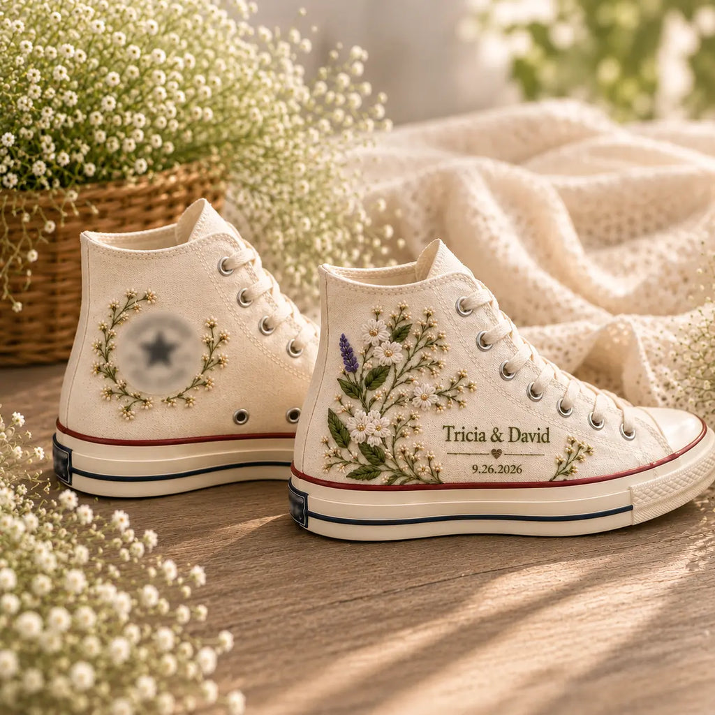 Personalized Floral Embroidered Wedding Sneakers
