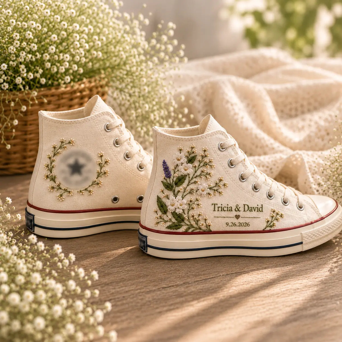 Personalized Floral Embroidered Wedding Sneakers