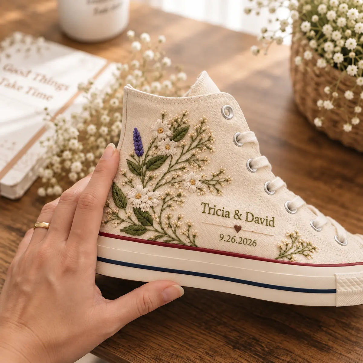 Personalized Floral Embroidered Wedding Sneakers