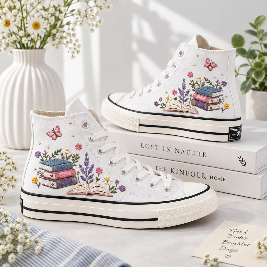 Personalized Name Bookish Hand Embroidered Sneakers