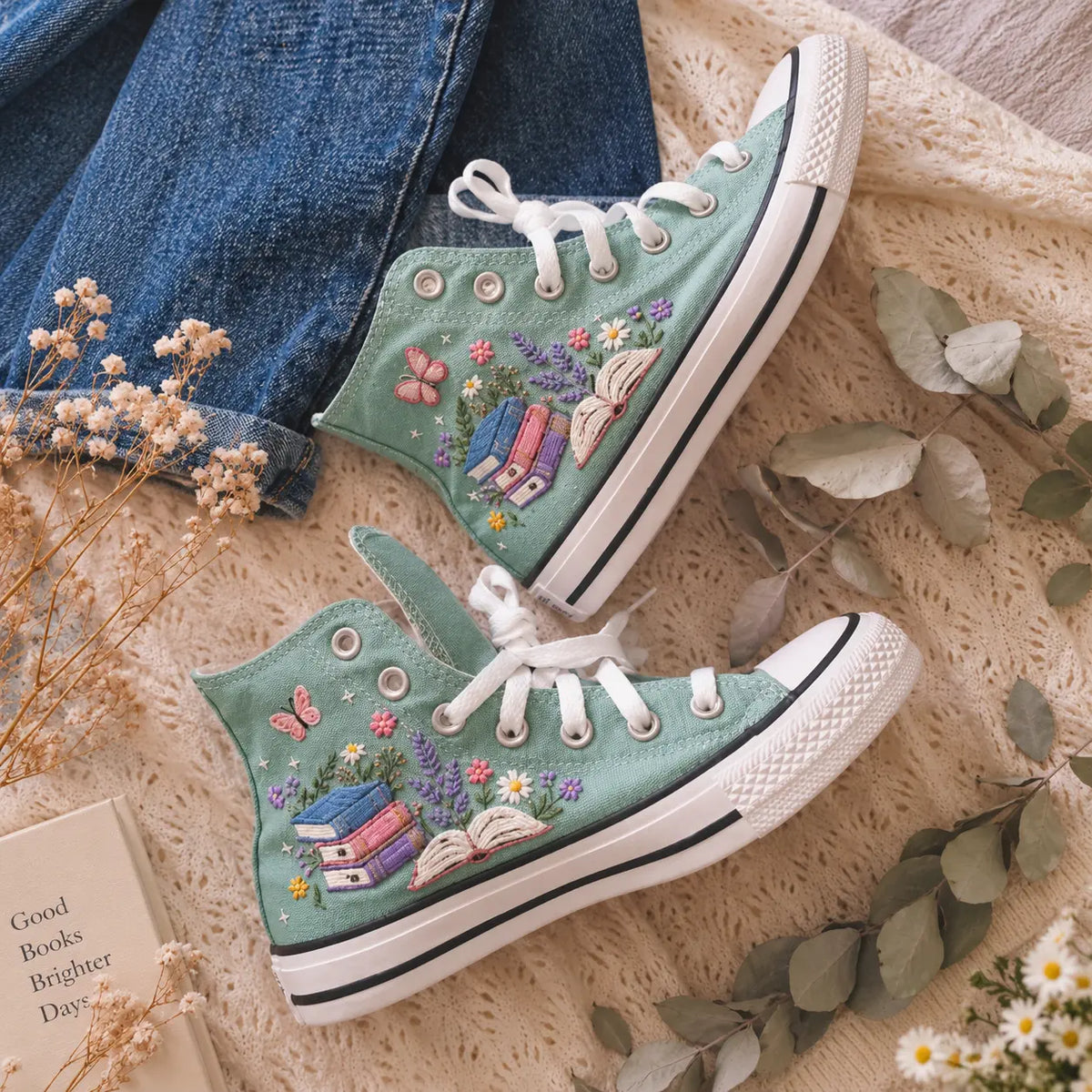 Personalized Name Bookish Hand Embroidered Sneakers
