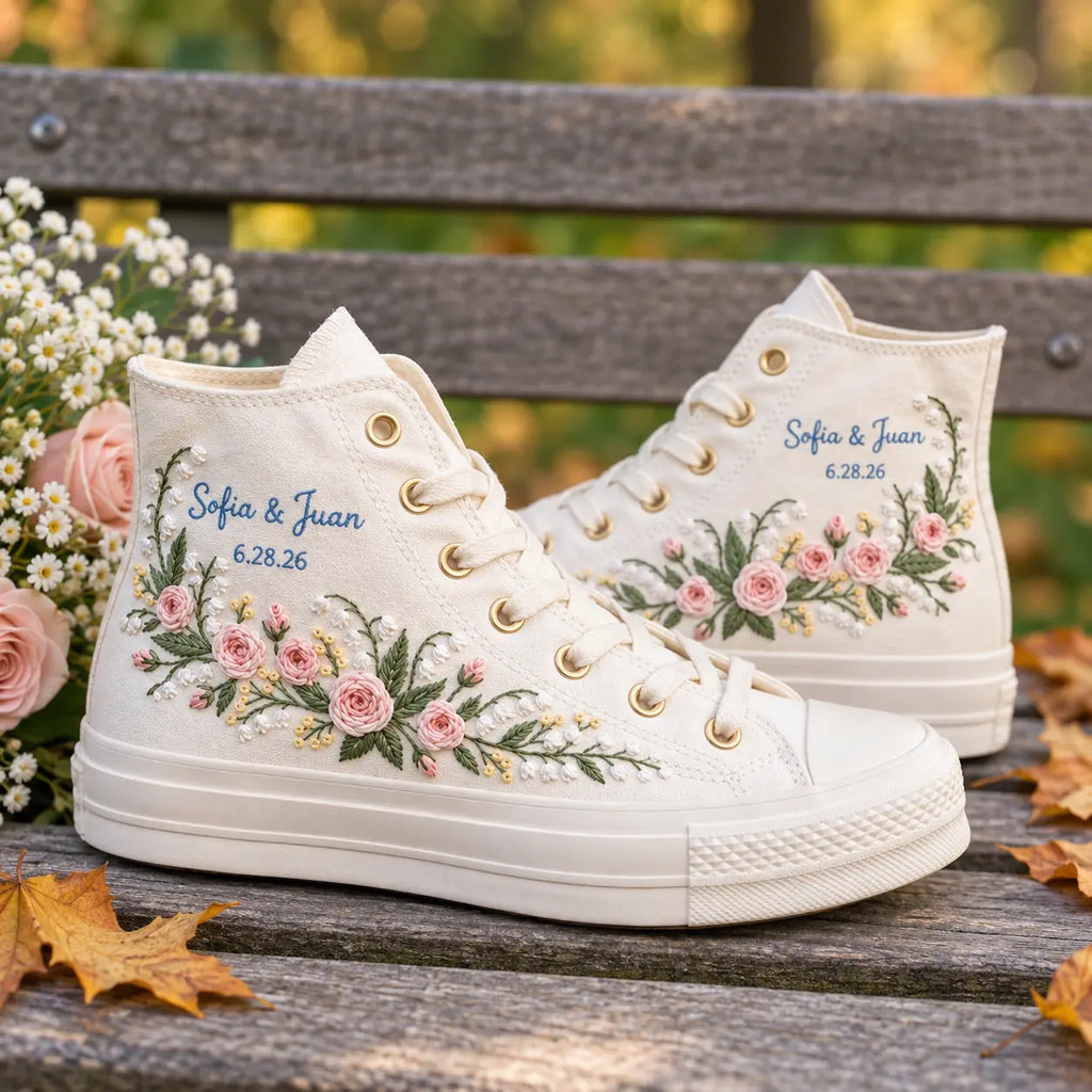 Personalized Name Floral Embroidered Wedding Sneakers