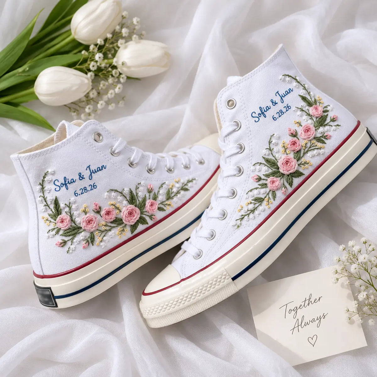 Personalized Name Floral Embroidered Wedding Sneakers