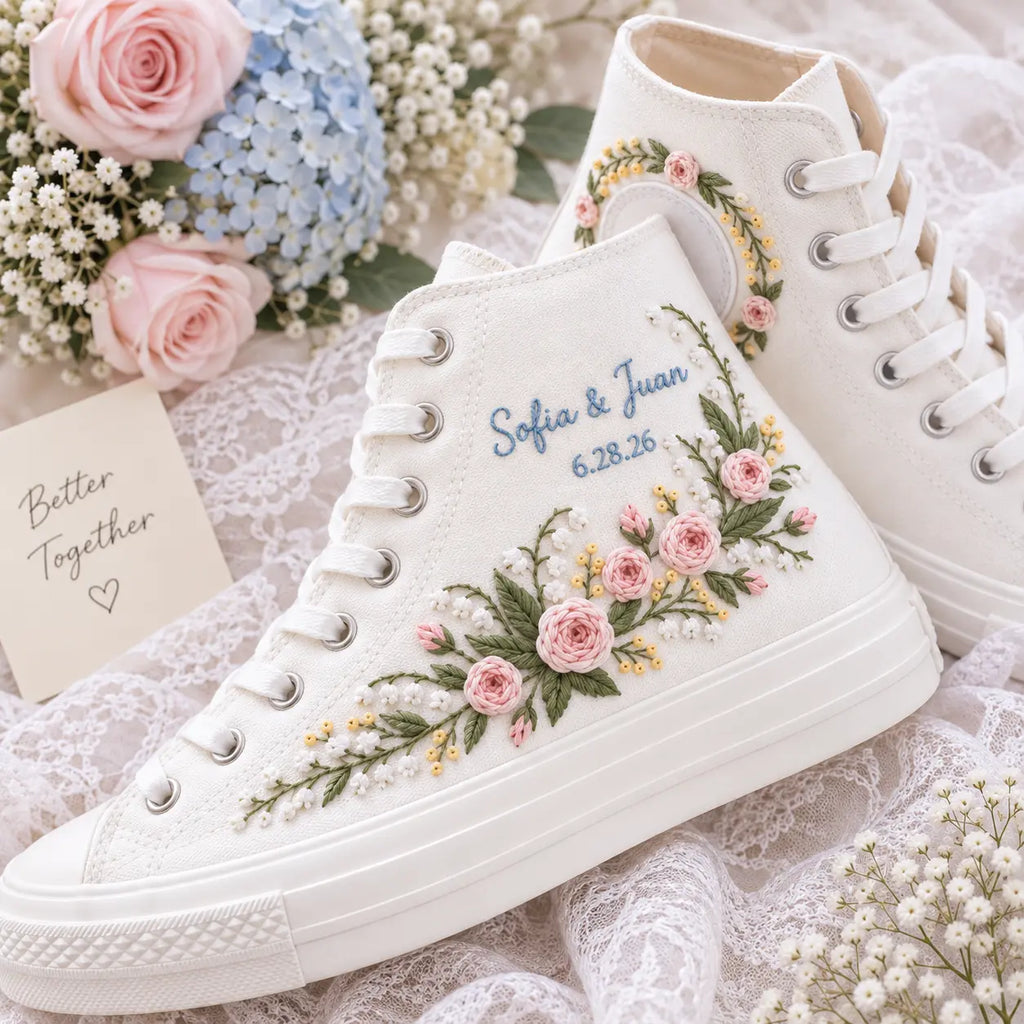 Personalized Name Floral Embroidered Wedding Sneakers