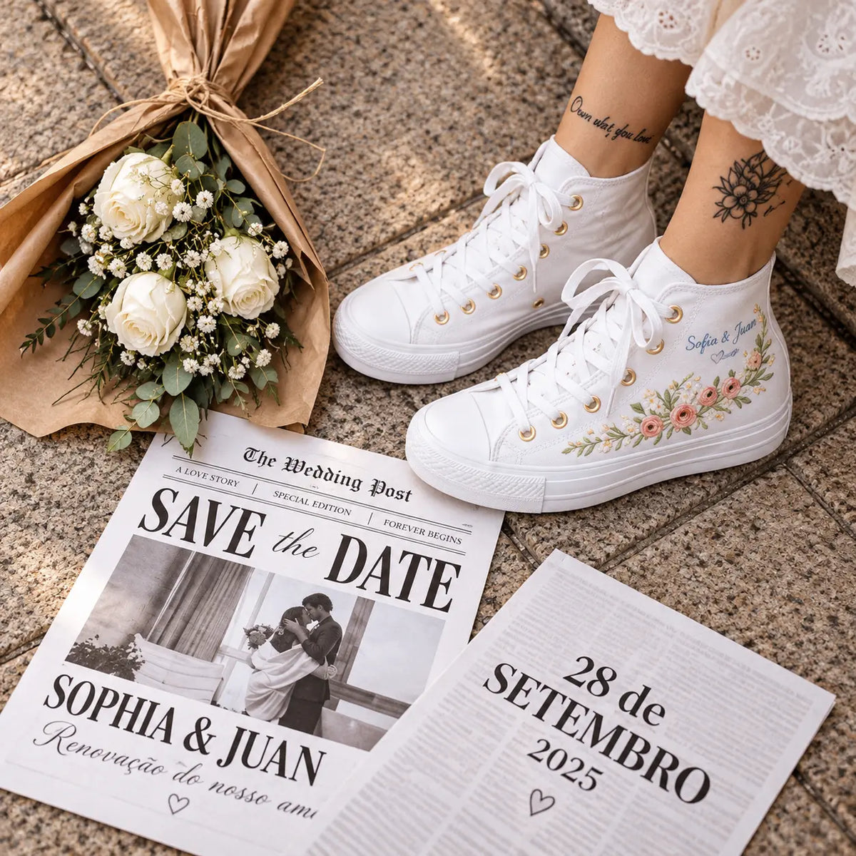 Personalized Name Floral Embroidered Wedding Sneakers