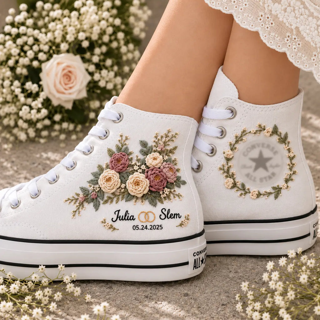 Personalized Name Floral Hand Embroidered Wedding Sneakers
