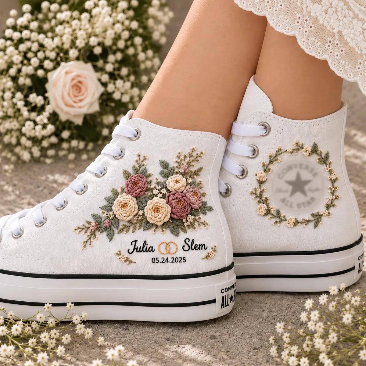 Personalized Name Floral Hand Embroidered Wedding Sneakers
