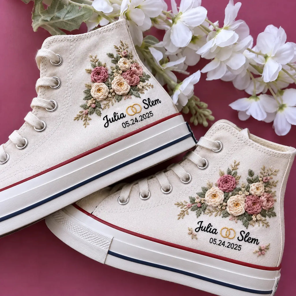 Personalized Name Floral Hand Embroidered Wedding Sneakers