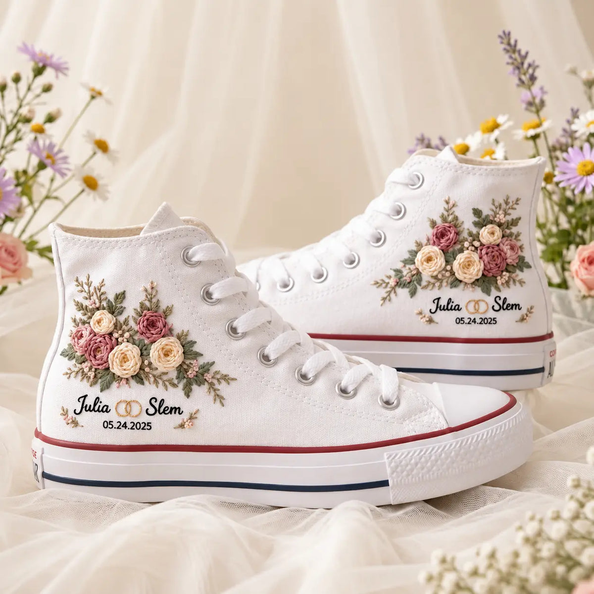 Personalized Name Floral Hand Embroidered Wedding Sneakers