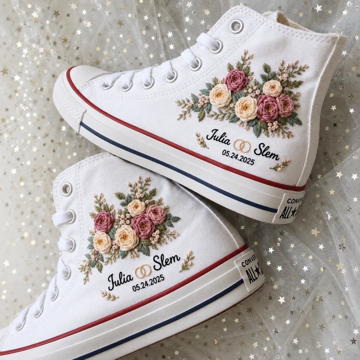 Personalized Name Floral Hand Embroidered Wedding Sneakers