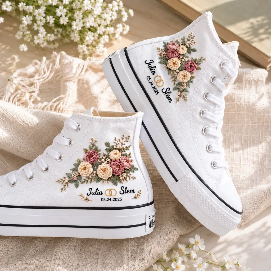 Personalized Name Floral Hand Embroidered Wedding Sneakers