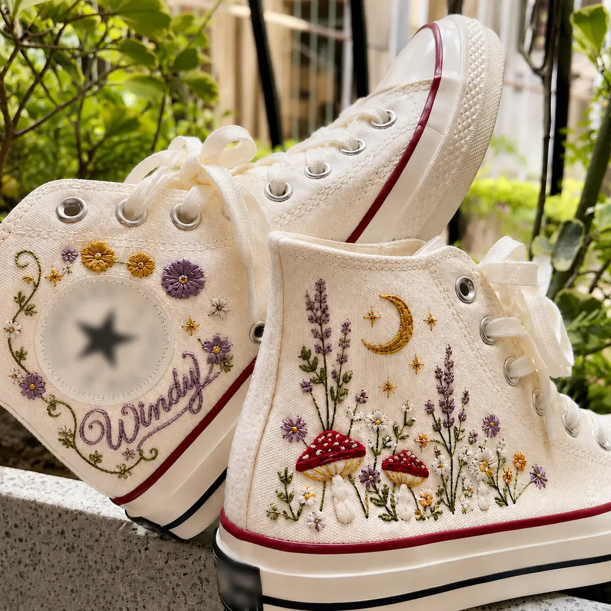Personalized Name Mushroom Moon Floral Embroidered Sneakers