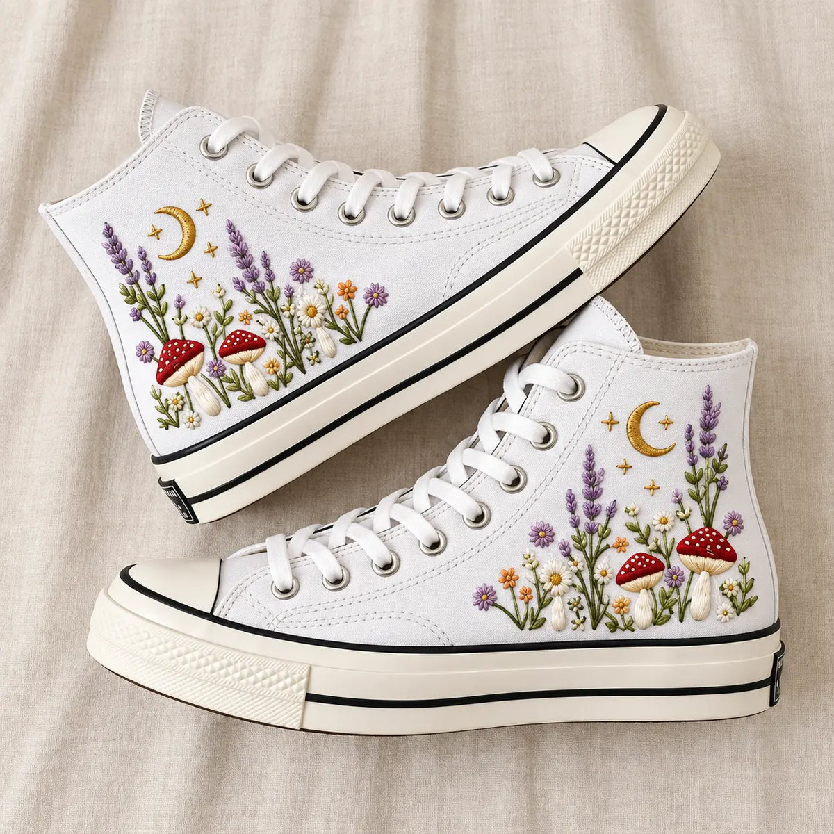Personalized Name Mushroom Moon Floral Embroidered Sneakers