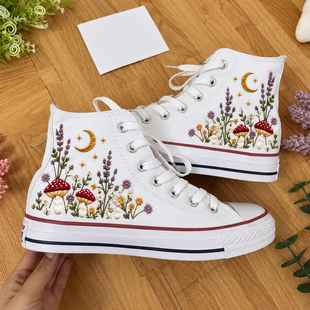 Personalized Name Mushroom Moon Floral Embroidered Sneakers