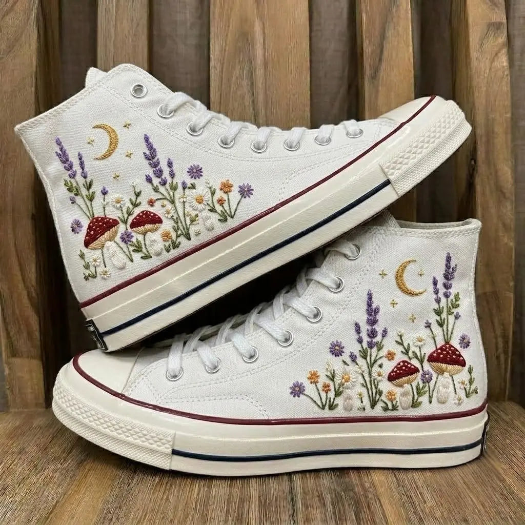 Personalized Name Mushroom Moon Floral Embroidered Sneakers