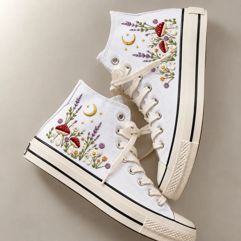 Personalized Name Mushroom Moon Floral Embroidered Sneakers
