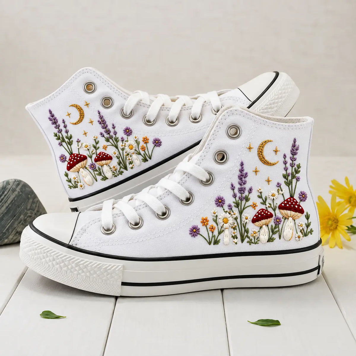 Personalized Name Mushroom Moon Floral Embroidered Sneakers
