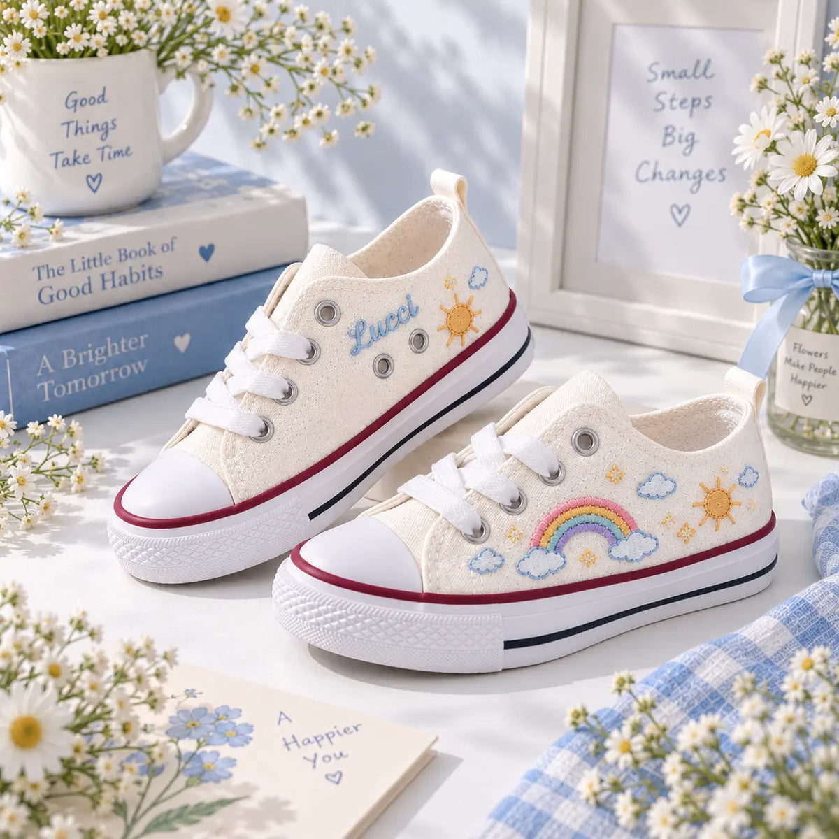 Personalized Name Rainbow Hand Embroidered Sneakers