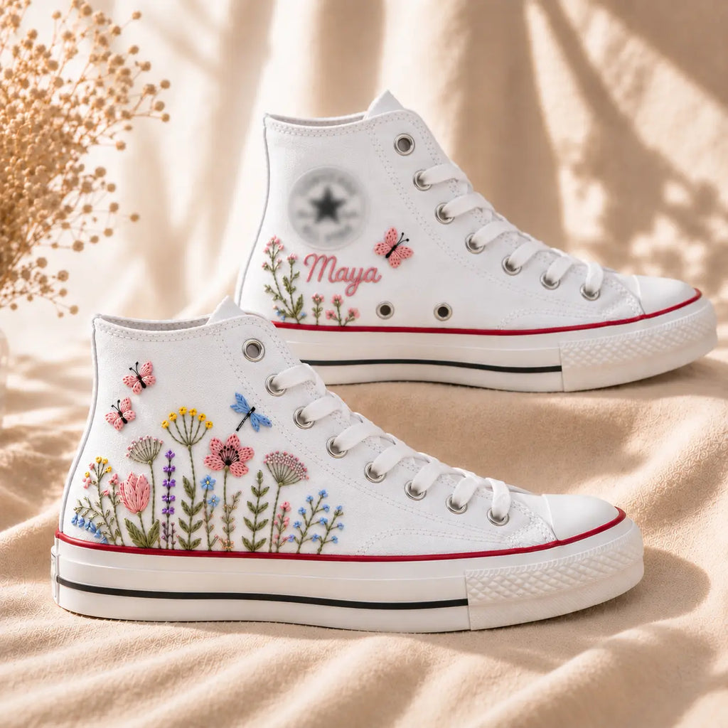 White Floral Embroidered High Top Sneakers
