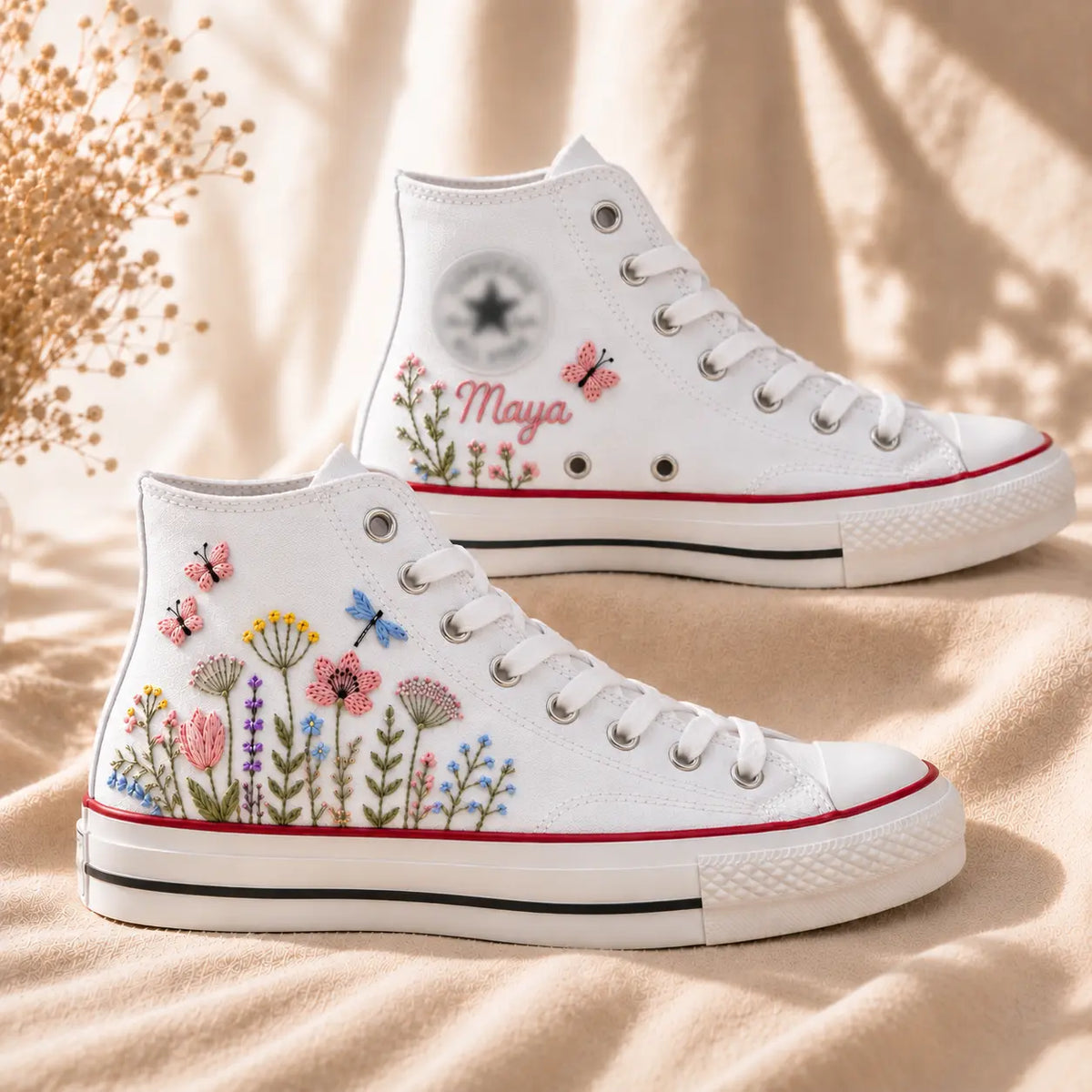 White Floral Embroidered High Top Sneakers