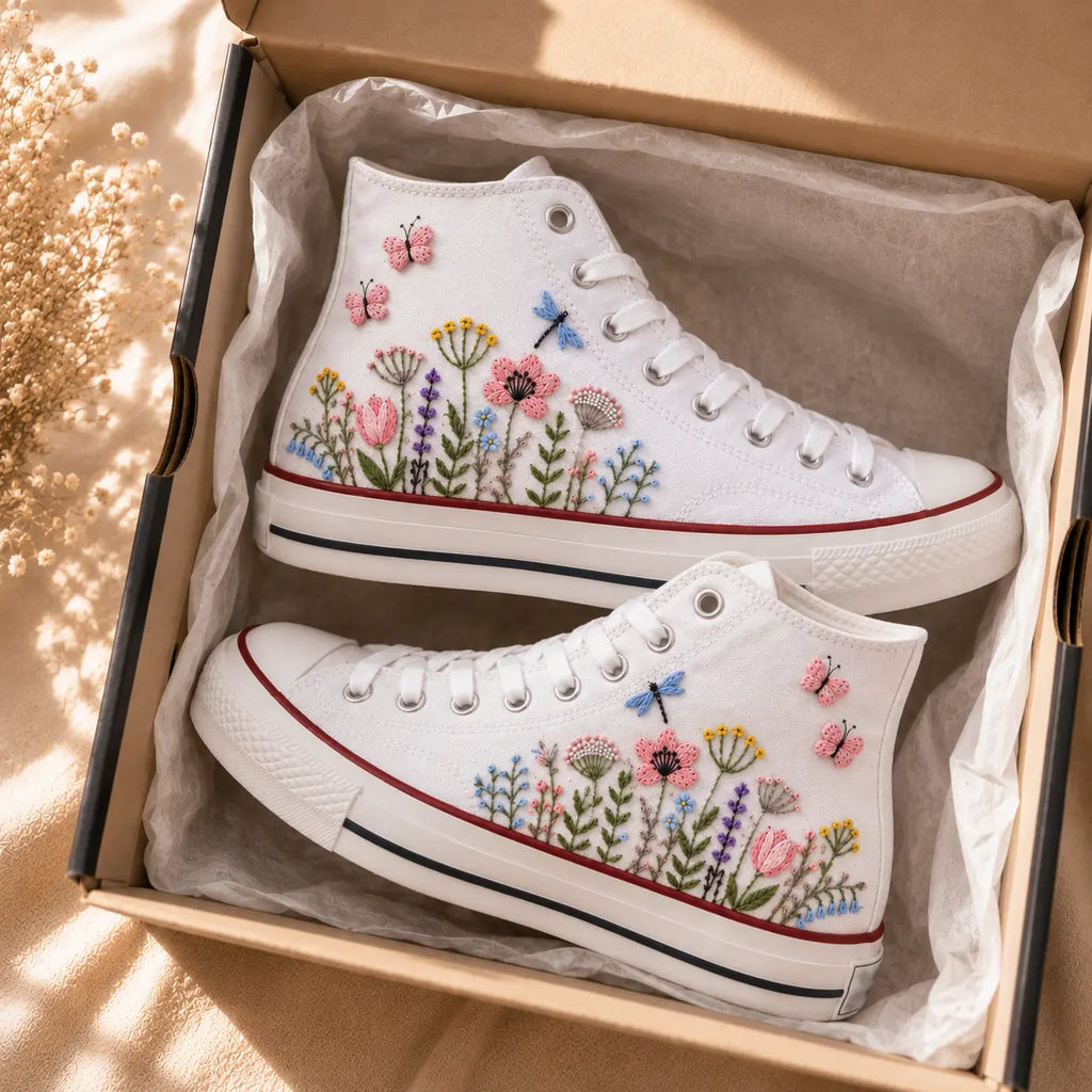 White Floral Embroidered High Top Sneakers