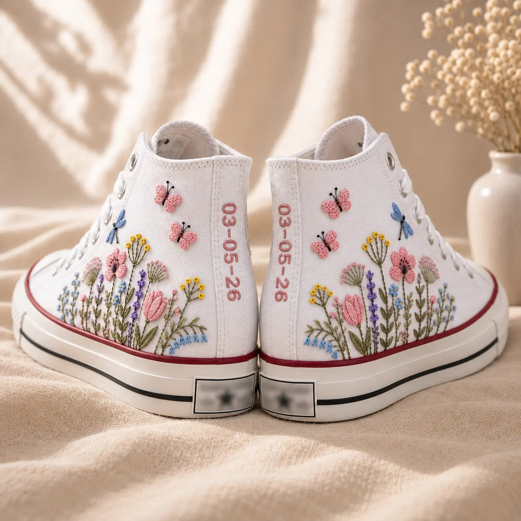 White Floral Embroidered High Top Sneakers