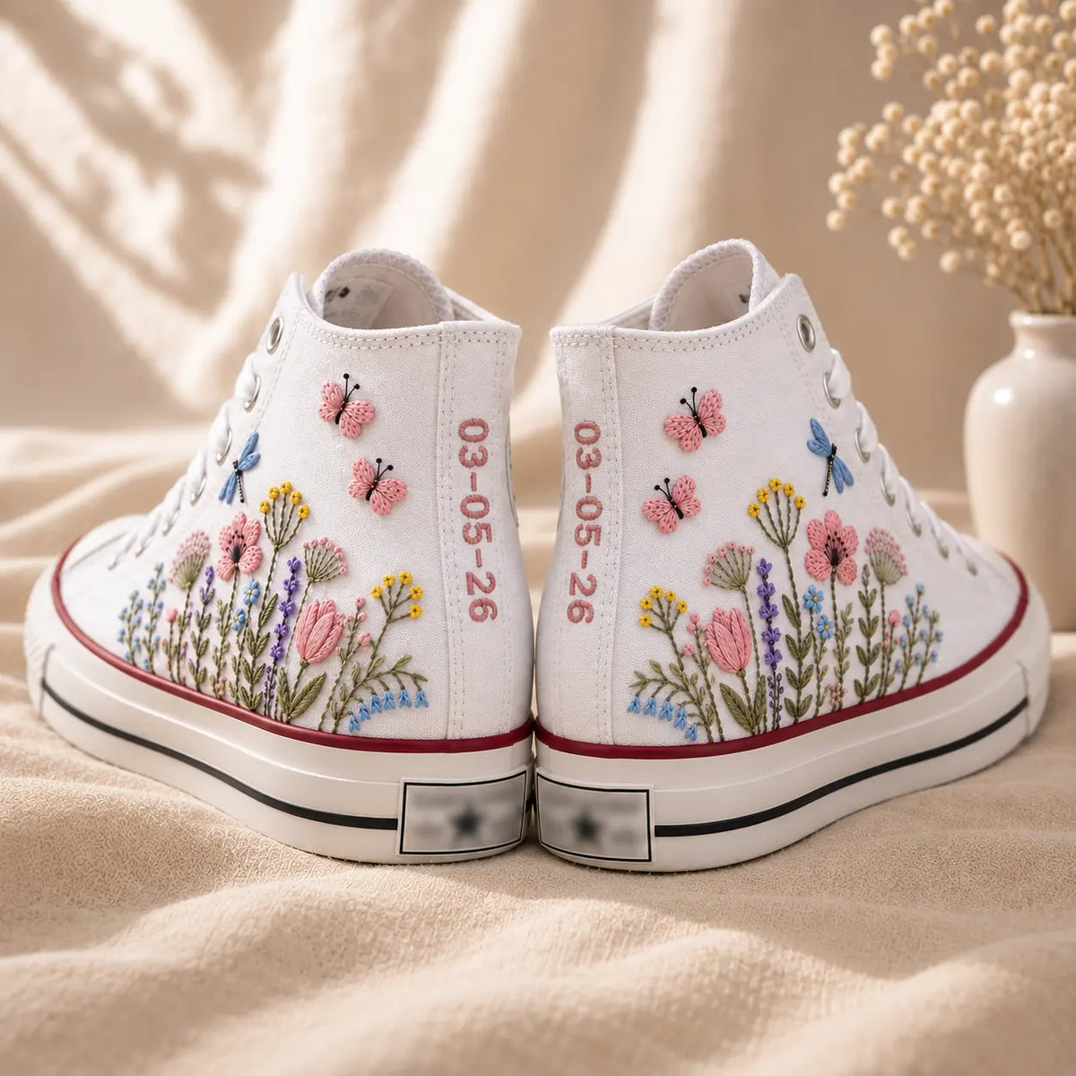 White Floral Embroidered High Top Sneakers